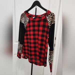Cato Red and Black Plaid Top with Leopard Accents. Size M.